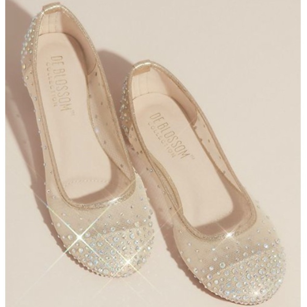 David’s Bridal nude illusion toe cap crystal embellished ballet flats